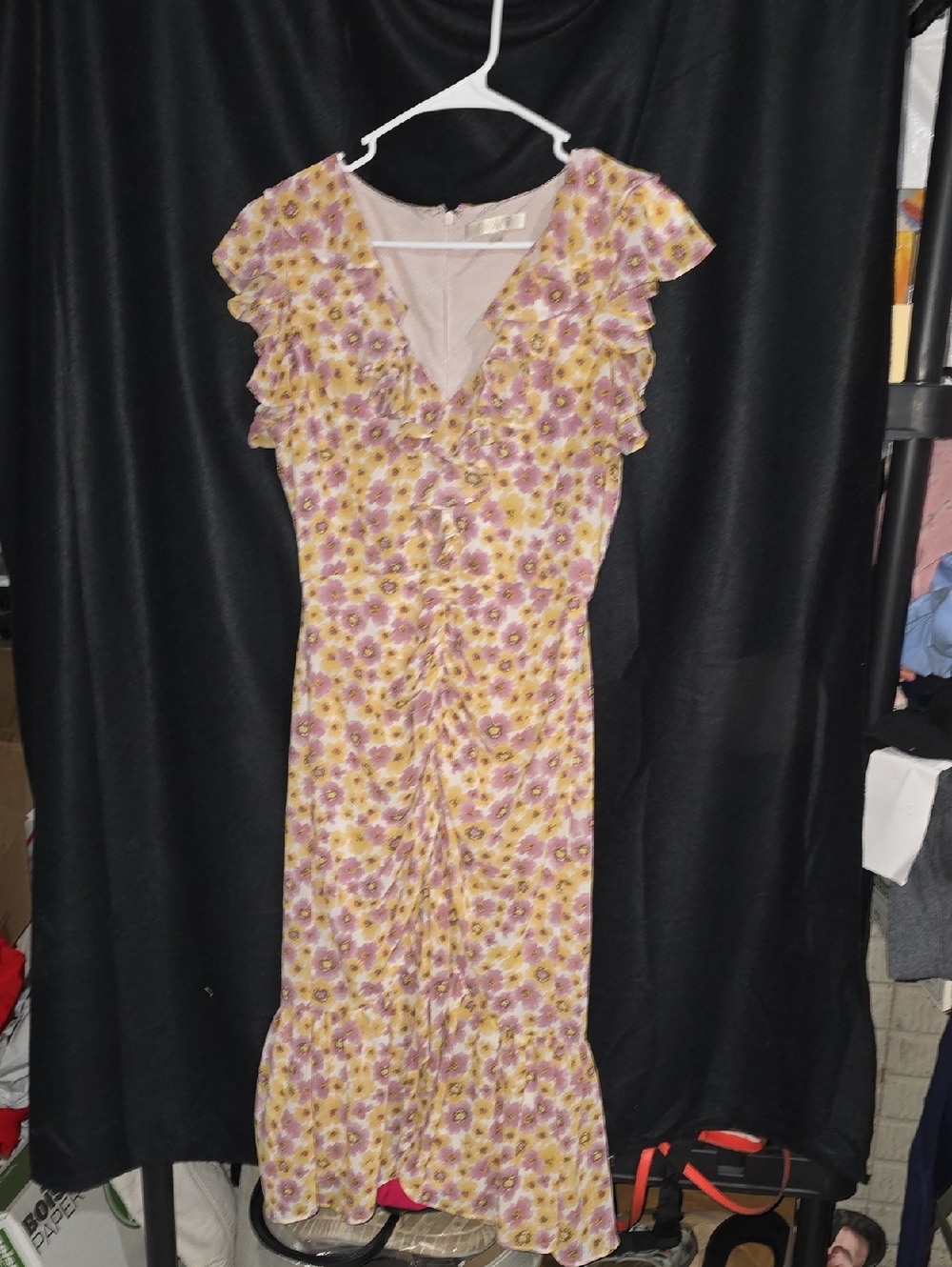 Wayf Yellow and Lavender Floral Ruffle Midi Dress